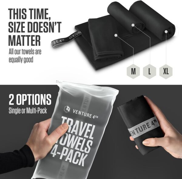 VENTURE 4TH - 4pcs Quick Dry Towels. Microfiber Travel Towels. Lightweight & Fast Drying Travel Towels for Body. Compact & Easy to Pack - 4 Pack Black Medium - Image 9