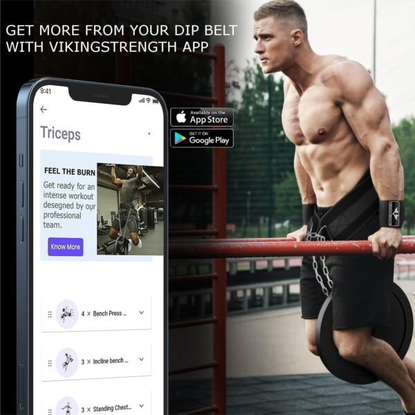 Vikingstrength Dip Belt for Weight Lifting Including Wrist Wraps. Premium Padded Dips Belt with Long Chain for Pullups Triceps Weighted belt for Workout Powerlifting + V-Strength Workout App - Image 6