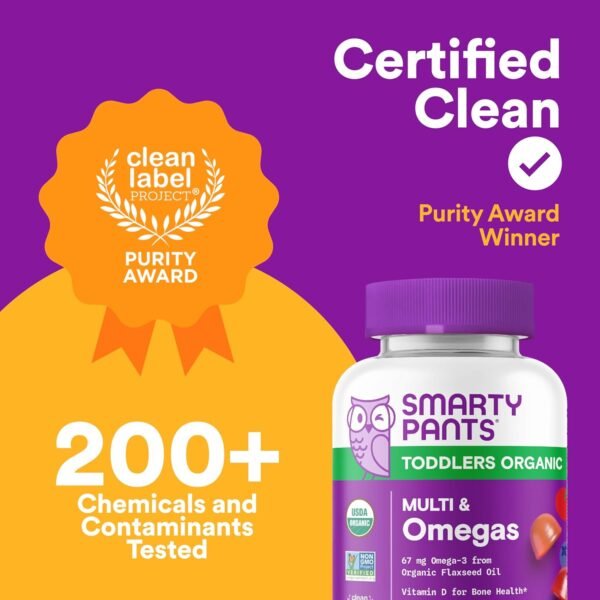 SmartyPants Organic Toddler Multivitamin Gummies: Probiotics, Omega 3 (ALA), Vitamin D3, C, Vitamin B12, B6, A, K & Zinc, Beta Carotene, Gluten Free, Three Fruit Flavors, 60 Count (30 Day Supply) - Image 10