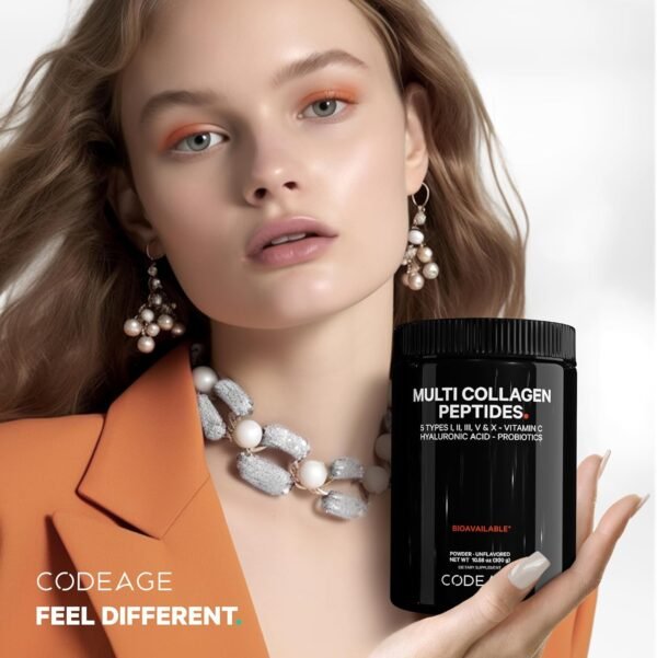 Codeage Multi Collagen Peptides Powder + Probiotics Black Edition, Vitamin C, Hyaluronic Acid Powder Supplement, Grass-Fed, Hydrolyzed, Zero Carbs, Type I, II, III, V & X, Unflavored, 10.58oz - Image 9