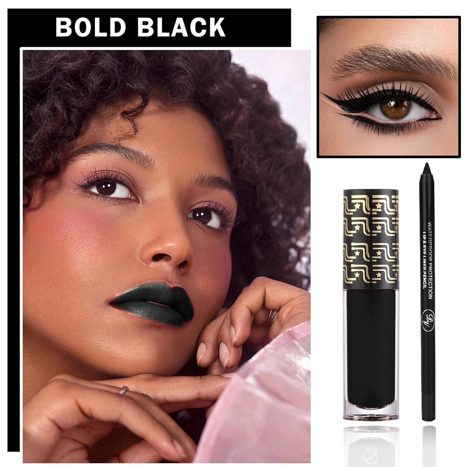 CAHIUYOA 2PCS Black Matte Lipstick Lip Liner Makeup Set,Liquid Black Lipstick Lip Gloss Lip Stain Waterproof Long Lasting,Black Lip Liner and Lipstick Set for Halloween Cosplay Goth Makeup - Image 3