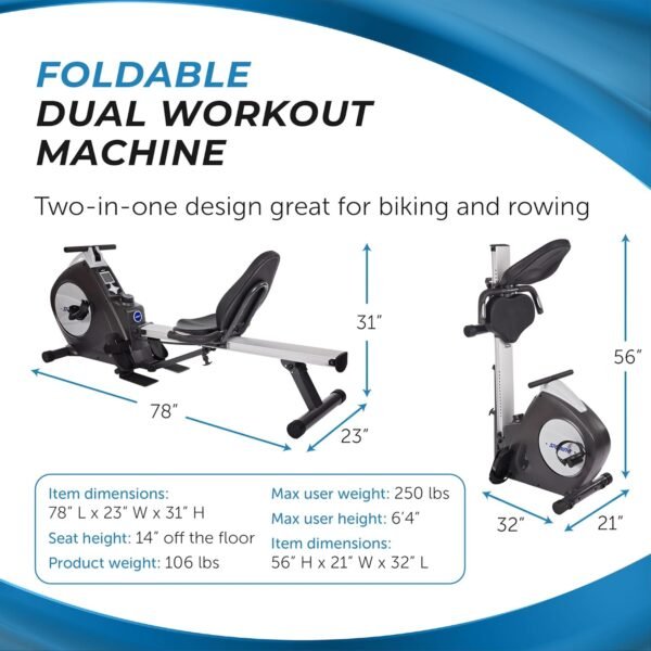 Stamina Conversion II Recumbent Exercise Bike and Rower - Cardio Machine with Smart Workout App - Exercise Bike for Home Workout - Up to 250 lbs Weight Capacity - Image 6