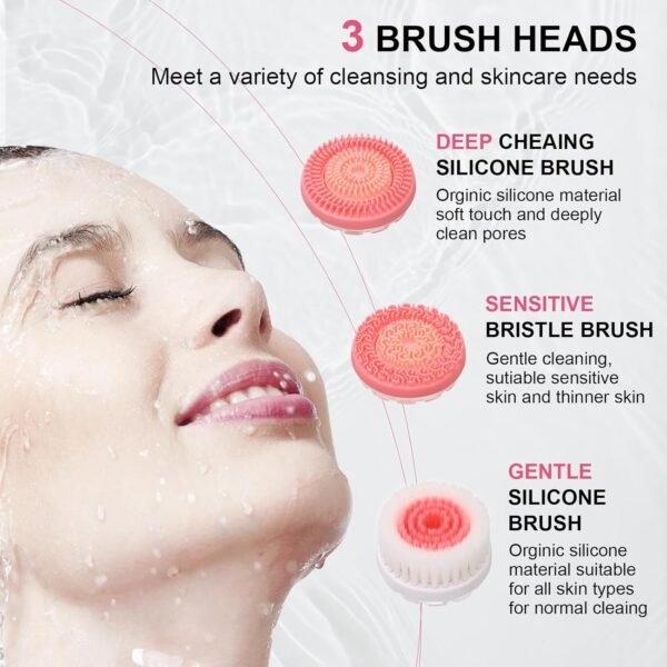 Facial Cleansing Brush,Electric Face Scrubber with 3 Brush Heads for Cleansing and Exfoliating,3 in 1 Waterproof Rechargeable Face Cleansing Brush for Dry Oily Sensitive Skin (Pink) - Image 5