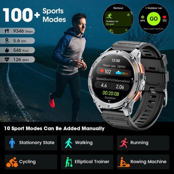 Military Smart Watch for Men with GPS, 1.43" AMOLED Bluetooth Call Smartwatch with LED Flashlight, Rugged Smart Watches for Android iOS, IP68 Waterproof Fitness Tracker with Heart Rate (Black) - Image 5