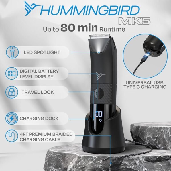 HUMMINGBIRD MK5 Pubic Hair Trimmer for Men – Ceramic Blade, No Nick, No Cut, Ball Trimmer, Waterproof, USB-C Rechargeable, LED Display, Charging Dock & Travel Pouch, Body Trimmer & Ball Shaver - Image 7