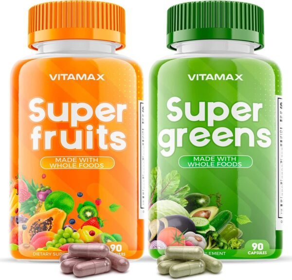 Super Fruit and Vegetable Supplements – Organic Whole Superfood Vitamins & Minerals – 90 Veggie and 90 Fruit Capsules for Women, Men, and Kids - Soy Free – Made in The USA - Image 2