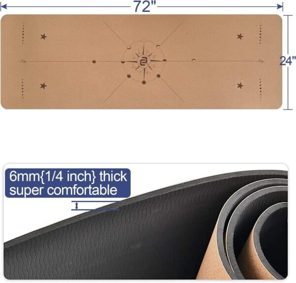 Numat Cork Yoga Mat 6mm (1/4 inch) Thick 72 x 24 in, Sweatproof NonSlip Eco-friendly, Lightweight TPE foam with Alignment Lines, Great for Hot Yoga, Pilates, Gym and Exercise, Black Carrying Bag w. Strap Included - Image 3