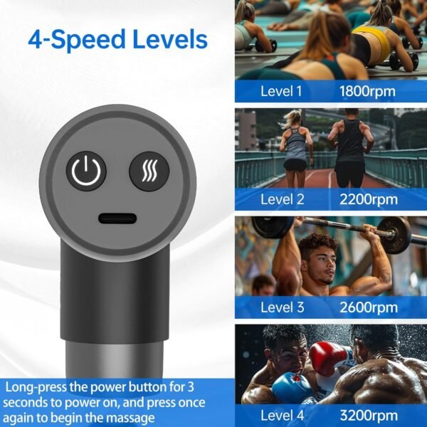 Mini Massage Gun, Percussion Deep Tissues Muscle with Heat, Portable Full-Metal Massage Gun with 3 Interchangeable Heads | 4 Speeds | Compact Sports Massager Helps Relieve Sore Muscles and Stiffness - Image 3