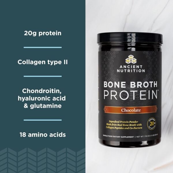 Ancient Nutrition Protein Powder Made from Real Bone Broth, Chocolate, 20g Protein Per Serving, 20 Serving Tub, Gluten Free Hydrolyzed Collagen Peptides Supplement, Great in Protein Shakes - Image 4