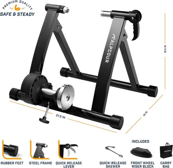 Alpcour Bike Trainer Stand for Indoor Riding – Portable Foldable Magnetic Stainless Steel Indoor Trainer, Noise Reduction, 6 Resistance Settings & Bag – Stationary Exercise for Road & Mountain Bikes - Image 5