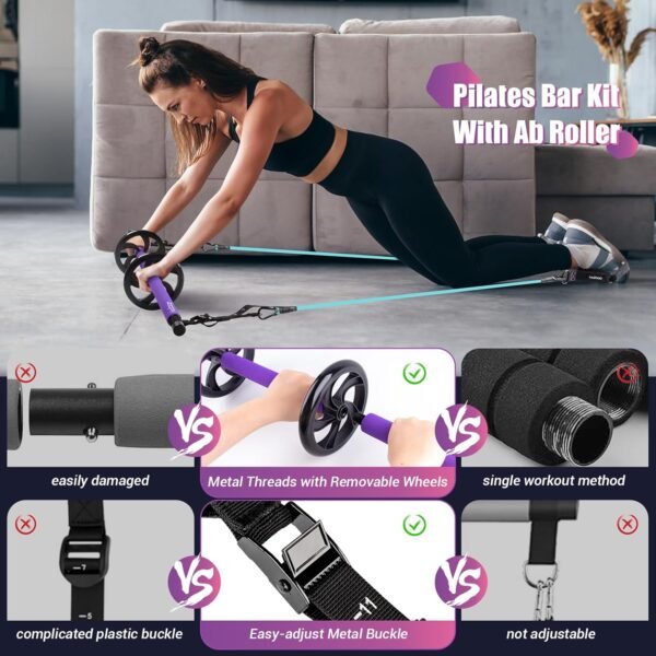 Pilates Bar Kit with Resistance Bands, Multifunctinal Exercise Bar with Ab Roller for Pilates/Abs/Weight Loss, Portable Home Gym Pilates bar kit for Full Body Training Women - Image 3