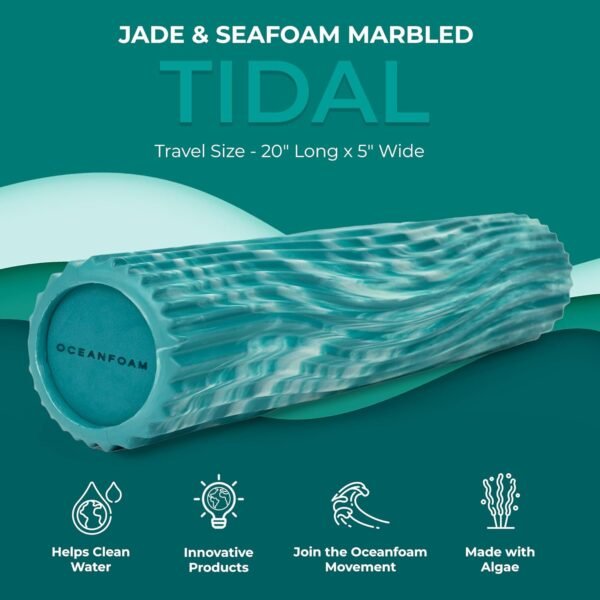 Oceanfoam Tidal Roller - Jade & Seafoam Marbled - Muscle Massage Foam Roller for Back Pain & Stretching - Firm and Ergonomic Wide Wave Textured - Yoga, Athletics, & Wellness - Full Size, 20" x 5" - Image 3