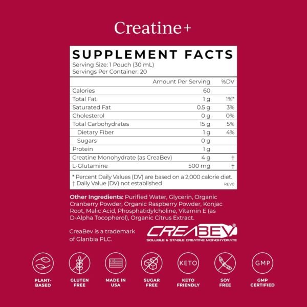 CYMBIOTIKA Creatine+, Creatine and Glutamine Supplement for Amino Energy, Recovery, Muscle Mass & Brain Support, Liposomal Delivery, Gluten Free & Vegan, Raspberry Flavor - 30ml Pouches (Pack of 20) - Image 6