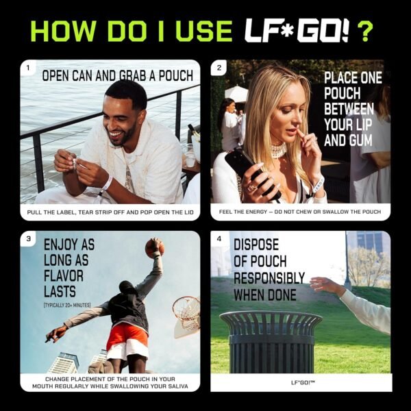 LF*GO! Energy Pouches | Caffeine Pouches | 6 Essential Vitamins and Minerals | Strawberry Kiwi | 200 mg Natural Caffeine | 0 Calories | 0 Sugar | 15 Pouches Per Can | 1 Can - Image 6