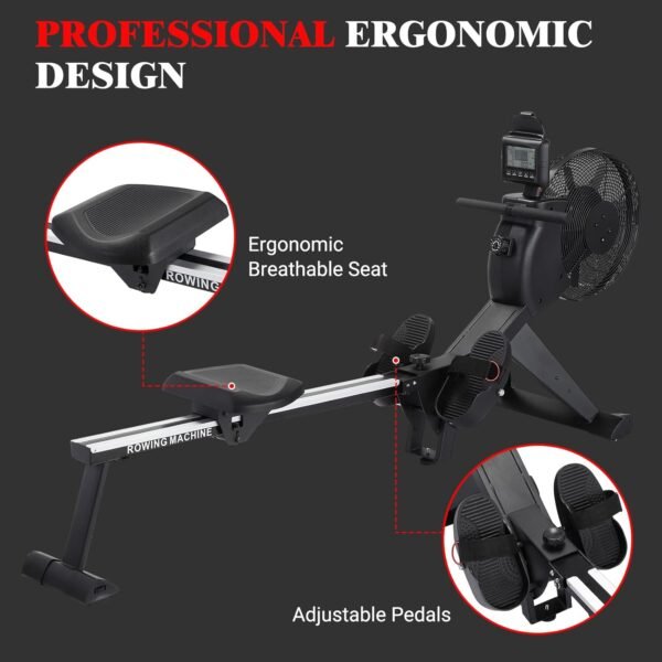 Air Resistance Rower Machine with Max Resistance of 66 LBS, Durable Metal Frame Row Machine, 16 Levels of Adjustable Resistance, Rowing Machines for Home with an Ergonomicall Designed Seat - Image 7