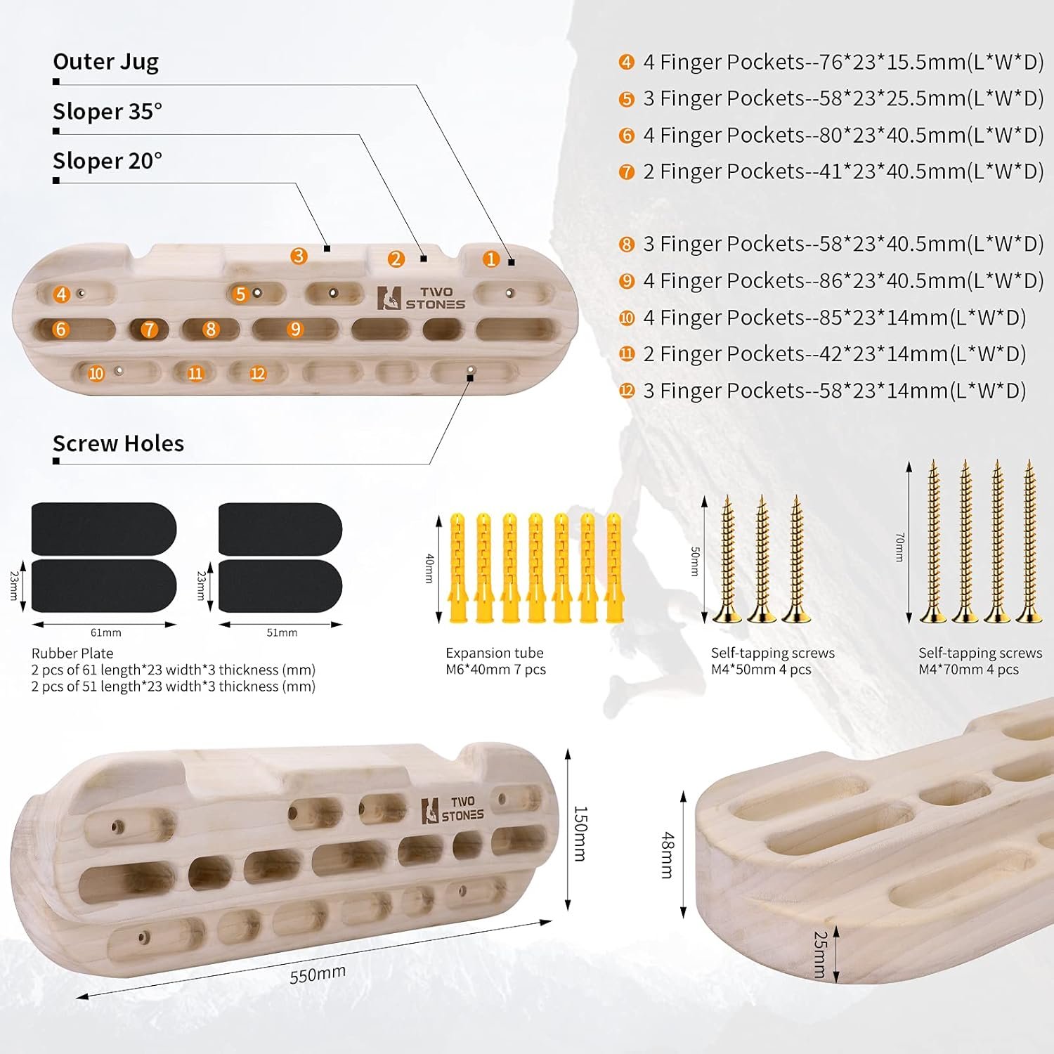 TWO STONES Climbing Hangboard Rock Climbing Training as Climbing Fingerboard with Jugs, Slopes and Edges, Pockets as Door Mounted Training Station Rock Climbing Pull Up Bar - Image 3