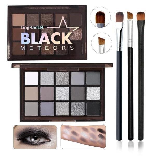Black Grey Smoky Eyeshadow Palette,15 Colors Matte Shimmer Pigmented Eye Shadow Makeup Palette Set with 3 Eyeshadow Brushes,Glitter Eyeshadow Makeup Palette for Daily Halloween Goth Makeup(A) - Image 2