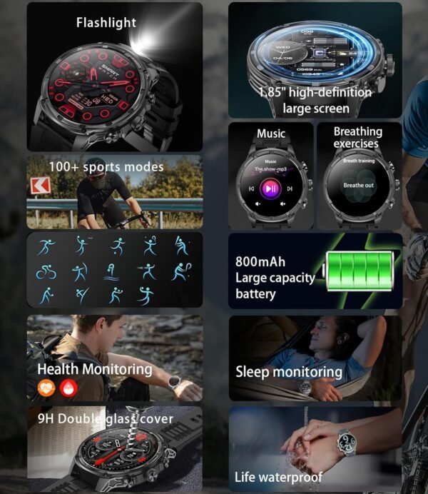 Smart Watch for Men(LED Flashlight), 1.85" Extra Large Smartwatch, 800mAh Extra-Long Battery, IP67 Waterproof Fitness Tracker Watch, 100+ Sports Mode/Heart Rate/Sleep Monitor for Android iOS - Image 9