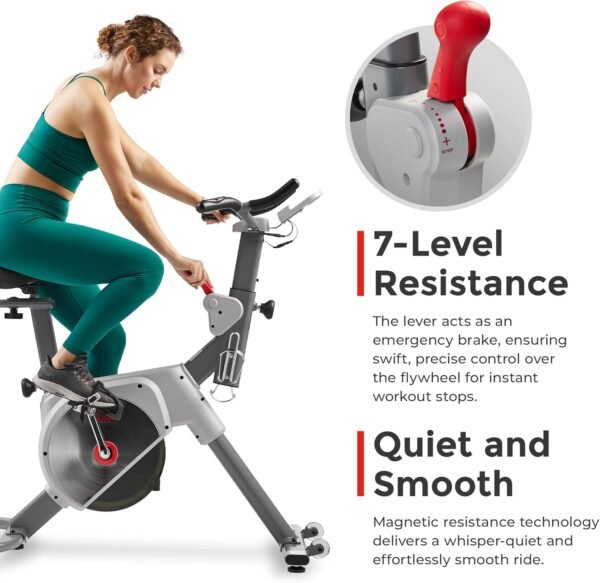 Sunny Health & Fitness Indoor Stationary Cycling Exercise Bike for Home Cardio Workout, 4-Way Adjustable & Cushioned Seat, Optional Magnetic Resistance & Free Exclusive SunnyFit App Bluetooth Link - Image 4