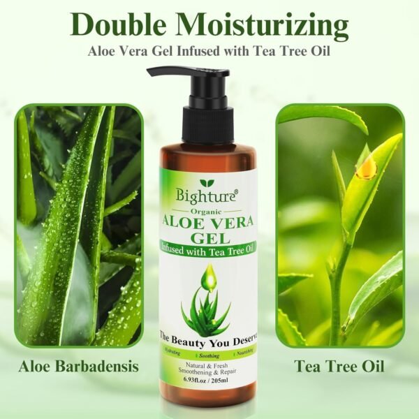 Organic Aloe Vera Gel with Tea Tree Oil for Face & Body, Freshly-cut Aloe Vera Gel Ideal for Skin, Scalp, & Hair Hydration, Calming Moisturizer for Soothing After Sun Care Relief, 6.93 oz - Image 3