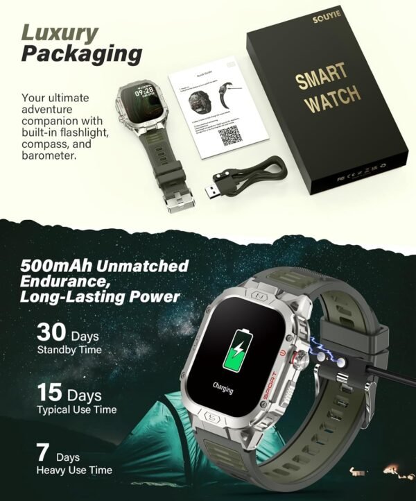 SOUYIE Smart Watch for Men with LED Flashlight, 2.02" HD Display Rugged Outdoor Sport Smartwatch with Compass/Altimeter/Barometer, Waterproof Fitness Tracker, Heart Rate Sleep Monitor for iOS Android - Image 9