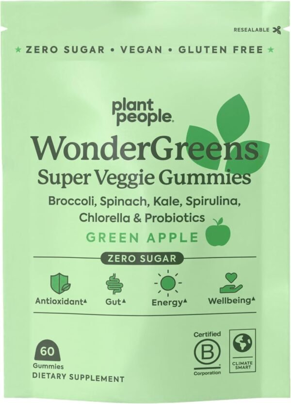 Plant People WonderGreens Veggie Gummies Super Greens with Probiotics Multivitamin Support Gummy for Wellbeing, Energy, Immune and Gut Health, Green Apple Flavor (60 Count) - Image 2