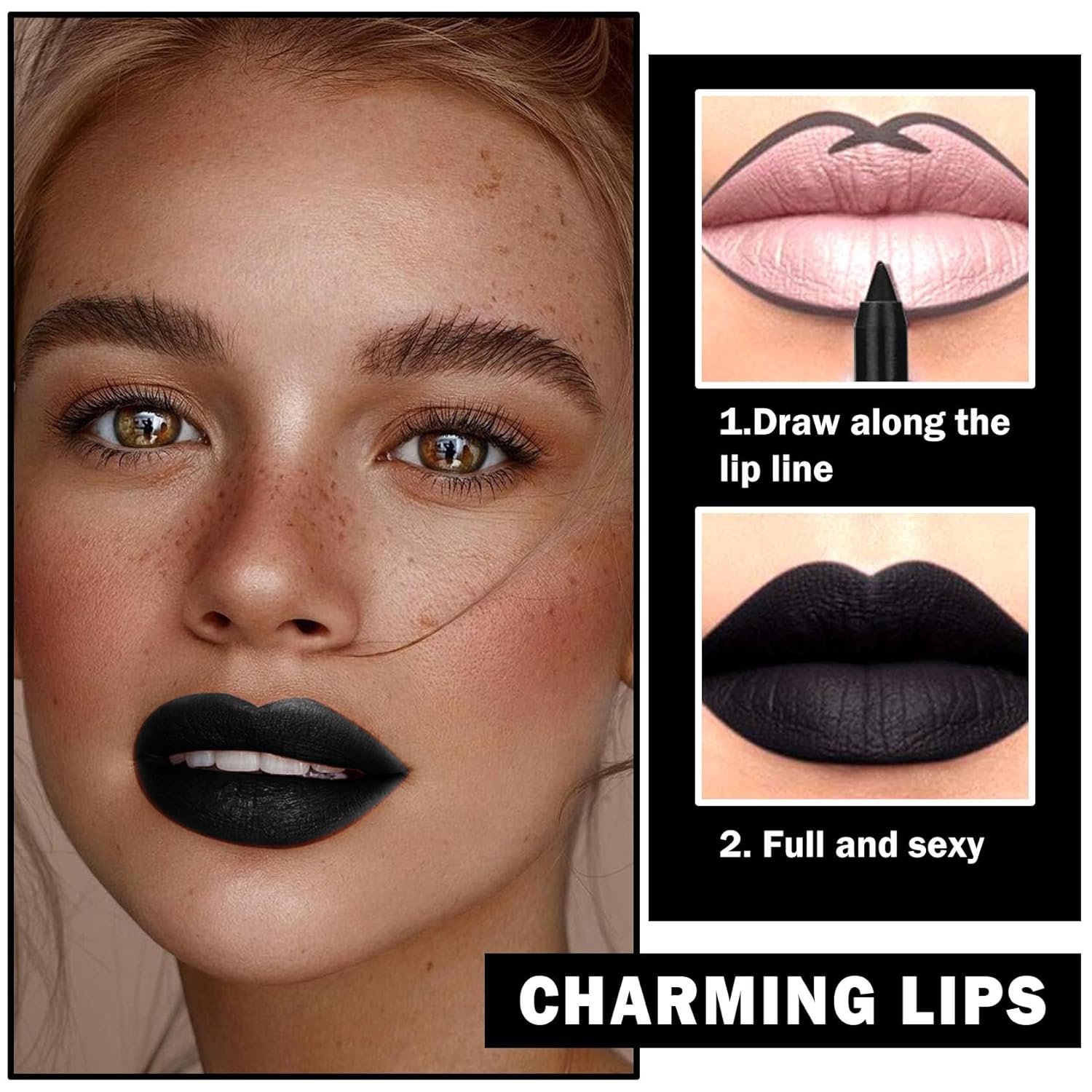 CAHIUYOA 2PCS Black Matte Lipstick Lip Liner Makeup Set,Liquid Black Lipstick Lip Gloss Lip Stain Waterproof Long Lasting,Black Lip Liner and Lipstick Set for Halloween Cosplay Goth Makeup - Image 7