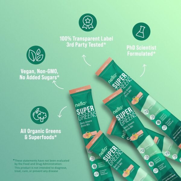 Nello Supergreens Premium Superfood Greens Drink Mix w/Chlorella, Moringa, Spinach & Broccoli + Digestive Enzymes & Probiotic Blend -Nutrient-Packed Powder Wellness (Mango Peach, 20 SRV, Travel Pack) - Image 4