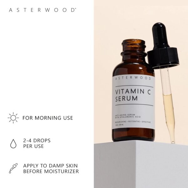 Asterwood Vitamin C Face Serum - with Hyaluronic Acid - Smoothing, Hydrating, Stimulates Collagen Production - Fragrance-Free - 1 Fl Oz - Image 7