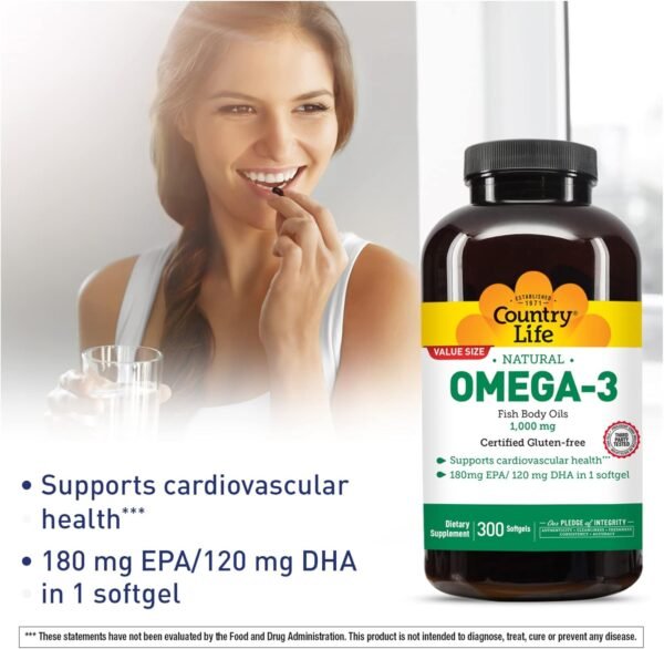 Country Life Omega-3 Fish Oil Supplement, 1000mg, 180mg EPA & 120mg DHA, Fish Oil Concentrate with Lemon Flavor, Burpless, 300 Softgels, Certified Gluten Free - Image 5