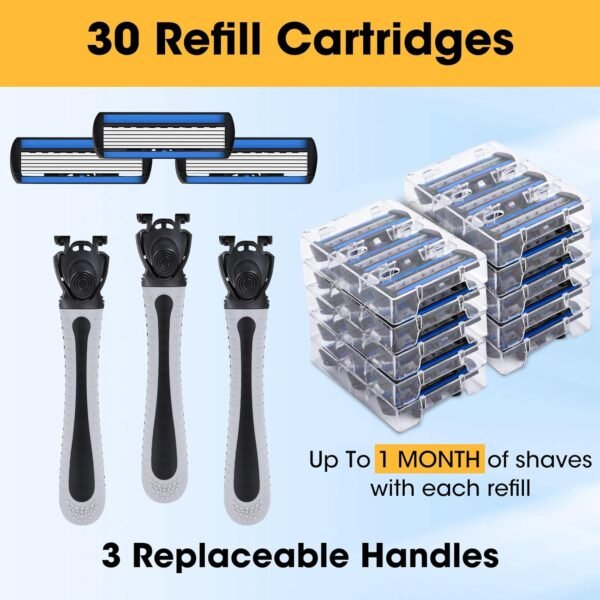 CXYARY Disposable Razors for Men, 6-Blade Razor Blades with Lubrication, 3 Razor & 30 Razor Blades Refills, 33PCS Men's Razor Blades & Cartridges - Black - Image 7