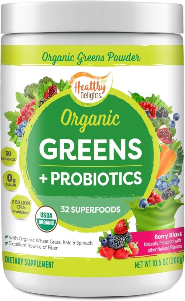 Healthy Delights Organic Greens Powder, Greens Powder with Fiber, Organic Greens Powder Superfood, Naturally Boost Energy, USDA Organic, Delicious Berry Flavored, 30 Servings (Packaging May Vary) - Image 2