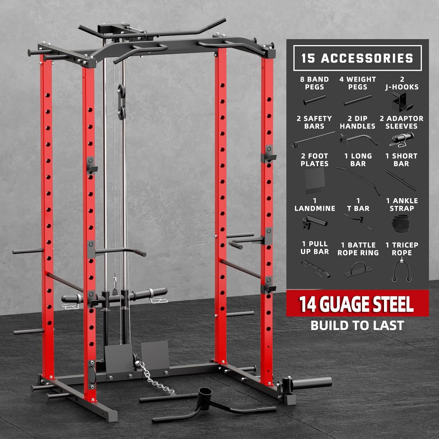 VANSWE Power Cage with LAT Pulldown Attachment, 1200-Pound Capacity Power Rack Full Home Gym Equipment with Multi-Grip Pull-up Bar, Landmine, T bar and Dip Handle - Image 4
