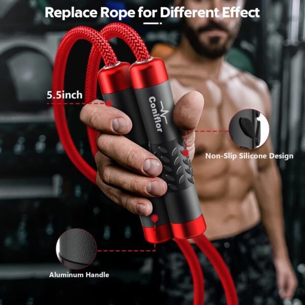Weighted Jump Rope, 1LB Tangle-Free Ball Bearing Rapid Speed Skipping Rope for Men Women, Adjustable 9mm Cotton & PVC Rope with Alum Handle for Boxing MMA Weight-Loss Athletic Workout Fitness - Image 7