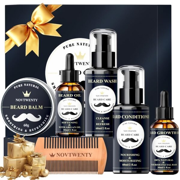 Beard Growth Kit - 7 Pcs Beard Care Kit for Men, Includes Beard Wash, Beard Oil&Growth Oil, Beard Conditioner, Beard Balm, Beard Comb, Gift Box Set for Boyfriend Husband Fathers - Image 2