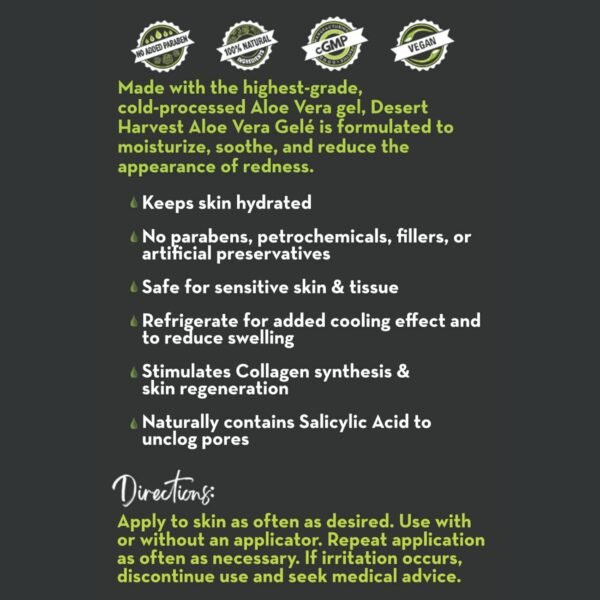 Desert Harvest Aloe Vera Gelé, Moisturizing Gel, pH-Balanced, Cold-Pressed Aloe-based Soothing & Hydrating Gel (16 oz) - Image 4