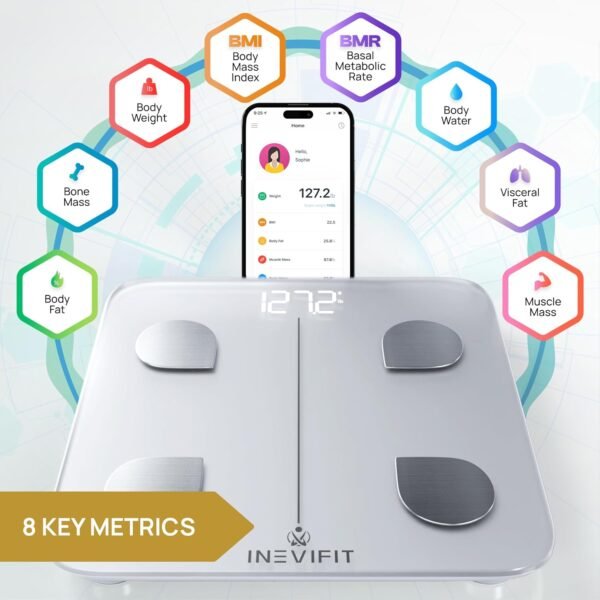 INEVIFIT Smart Body Fat Scale, Highly Accurate Bluetooth Digital Bathroom Body Composition Analyzer, Measures Weight, Body Fat, Water, Muscle, Visceral Fat & Bone Mass for Unlimited Users (White) - Image 3