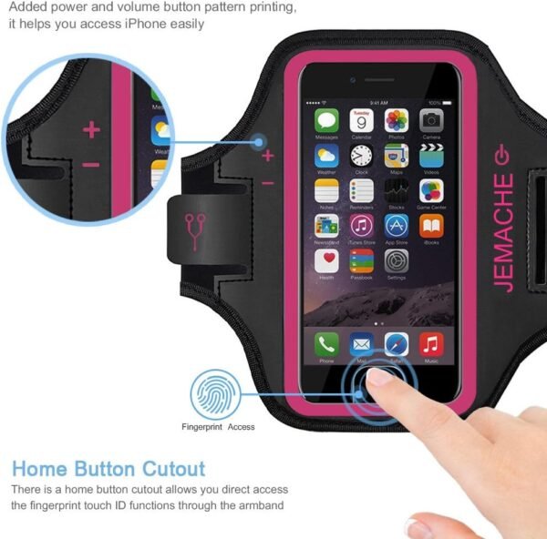 iPhone 6 7 8 SE 2020/2022 Armband, JEMACHE Fingerprint Touch Supported Gym Running Workout Arm Band for iPhone 6/6S/7/8/SE 2nd & 3rd gen with Key Holder (Rosy) - Image 3