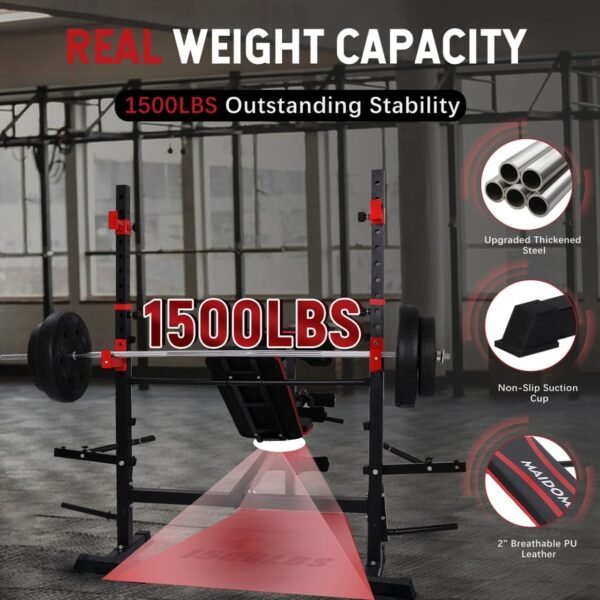 1500LBS 6 in 1 Weight Bench Set with Leg Extension/Curl and Preacher Curl, Bench Press Set and barbell Rack with Safety Bar Catches, Foldable Workout Benches for Home(US Stock) - Image 5