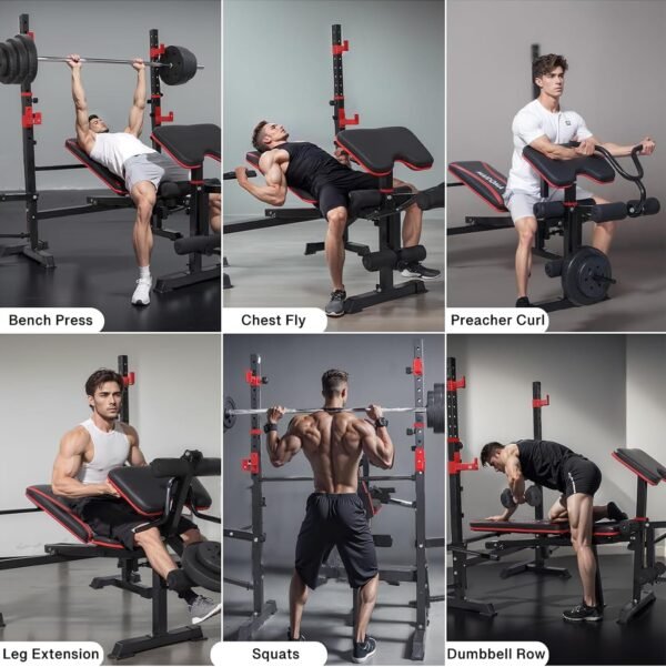 1500LBS 6 in 1 Weight Bench Set with Leg Extension/Curl and Preacher Curl, Bench Press Set and barbell Rack with Safety Bar Catches, Foldable Workout Benches for Home(US Stock) - Image 3