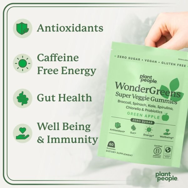 Plant People WonderGreens Veggie Gummies Super Greens with Probiotics Multivitamin Support Gummy for Wellbeing, Energy, Immune and Gut Health, Green Apple Flavor (60 Count) - Image 6