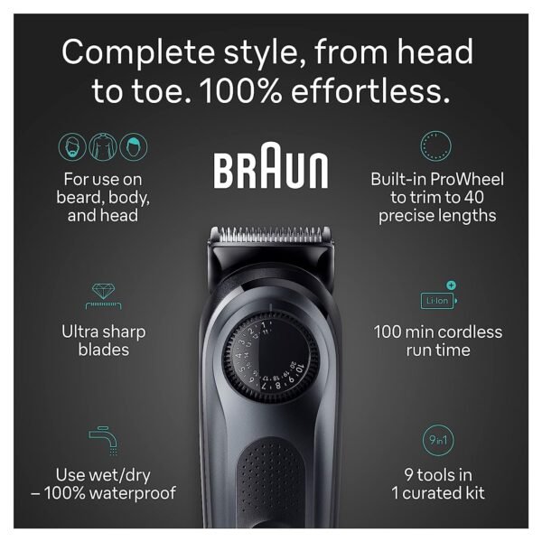 Braun All-in-One Style Kit Series 5 5490, 9-in-1 Trimmer for Men with Beard Trimmer, Body Trimmer for Manscaping, Hair Clippers & More, Ultra-Sharp Blade, 40 Length Settings, Waterproof - Image 4