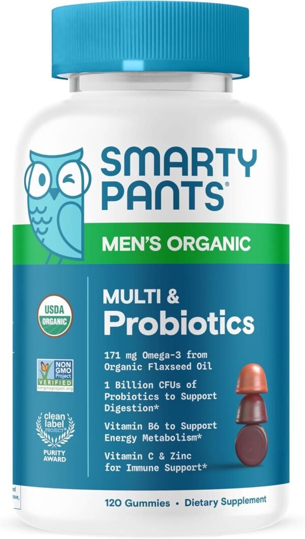 SmartyPants Multivitamin for Men, Organic Gummies: Probiotics, CoQ10, Methylfolate, Omega 3 (ALA), Vitamin D3, C, Vitamin B12, B6, A, K & Zinc for Immune Support, Biotin, 120 Gummies (30 Day Supply) - Image 2