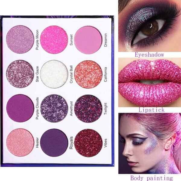 Purple Pink Glitter Eyeshadow Palette, 12 Colors Shimmer High Pigmented Eyeshadow Powder,Dream Purple Pink Eyeshadow Palette Makeup Colorful Lasting Waterproof Eyeshadow Palette for Girl Women - Image 6