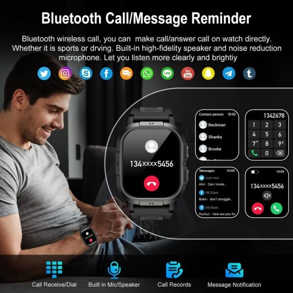 Smart Watch for Men Fitness Tracker: Make/Answer Call Military Smart Watches for Men Digital Mens Watches Running Waterproof Smartwatch Android Phones iPhone Samsung Compatible Heart Rate Monitor - Image 3