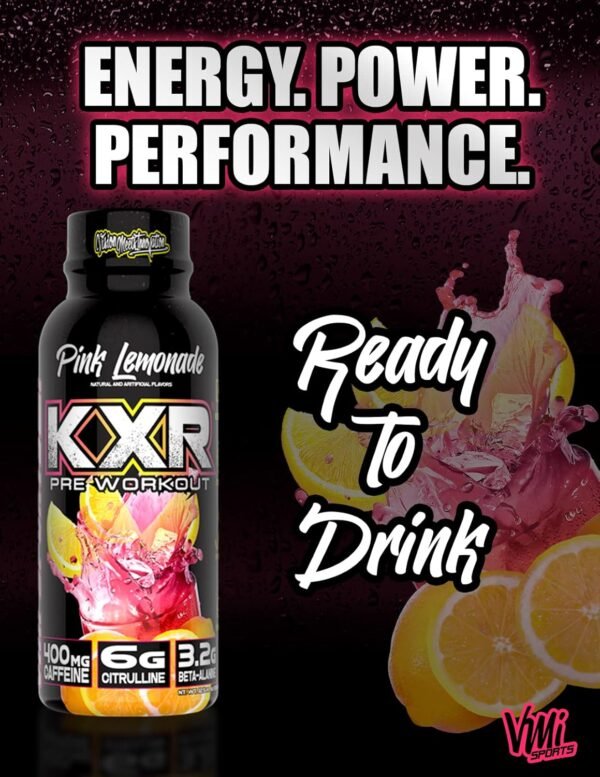 VMI Sports KXR High Stimulant Pre-Workout Energy Ready to Drink 400mg Caffeine, 6g Citrulline, 3.2g Beta-Alanine | Delicious – Convenient – Powerful | 12.5 oz Bottles (Pink Lemonade, 12 Bottles) - Image 5