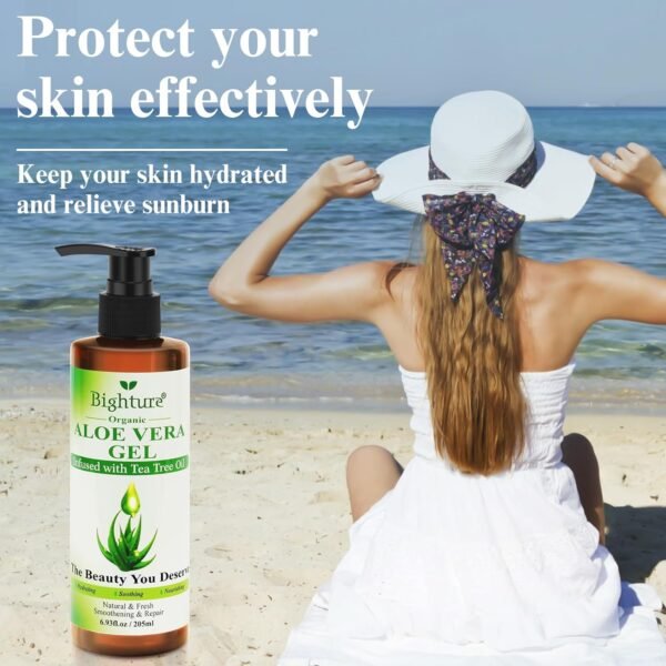 Organic Aloe Vera Gel with Tea Tree Oil for Face & Body, Freshly-cut Aloe Vera Gel Ideal for Skin, Scalp, & Hair Hydration, Calming Moisturizer for Soothing After Sun Care Relief, 6.93 oz - Image 6