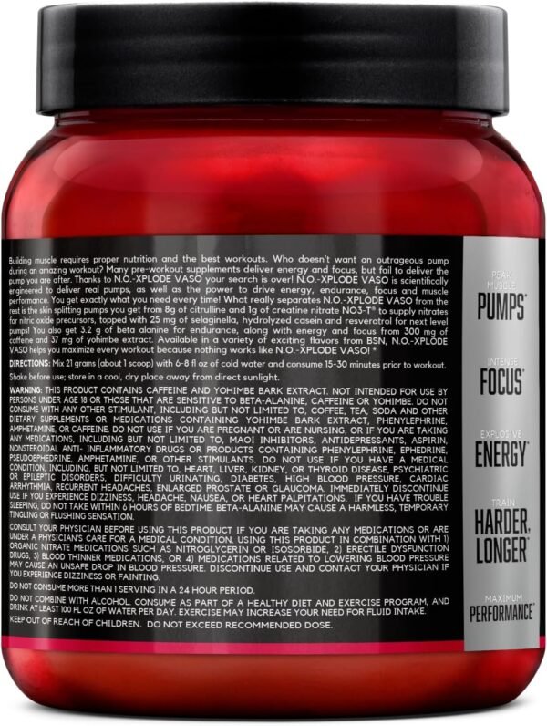 BSN N.O.-XPLODE Vaso Pre Workout Powder with 8g of L-Citrulline and 3.2g Beta-Alanine and Energy, Flavor: Cherry Bomb, 24 Servings - Image 10