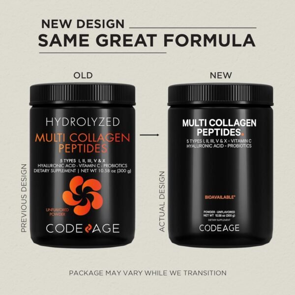 Codeage Multi Collagen Peptides Powder + Probiotics Black Edition, Vitamin C, Hyaluronic Acid Powder Supplement, Grass-Fed, Hydrolyzed, Zero Carbs, Type I, II, III, V & X, Unflavored, 10.58oz - Image 4