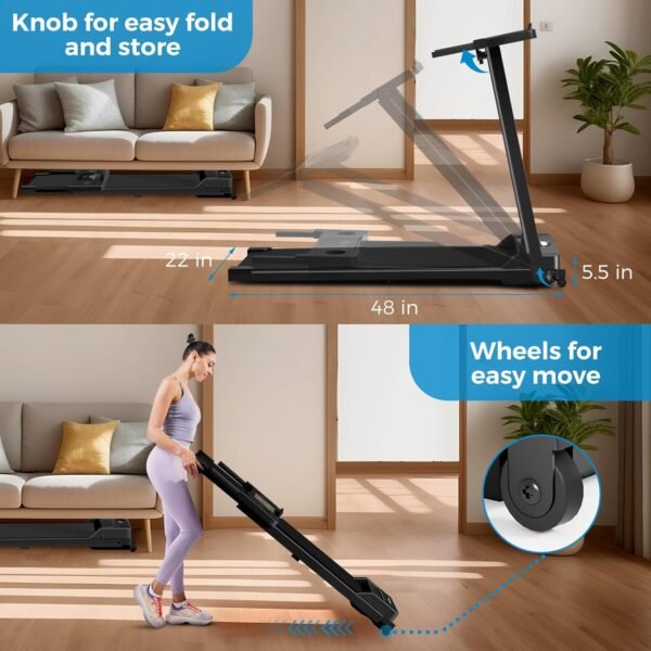 Portable Treadmill, Foldable Treadmills for Home, Small Folding Treadmill for Home Office with 300 LBS Capacity, Walking Running Exercise Electric Compact Treadmill with LED Display - Image 5